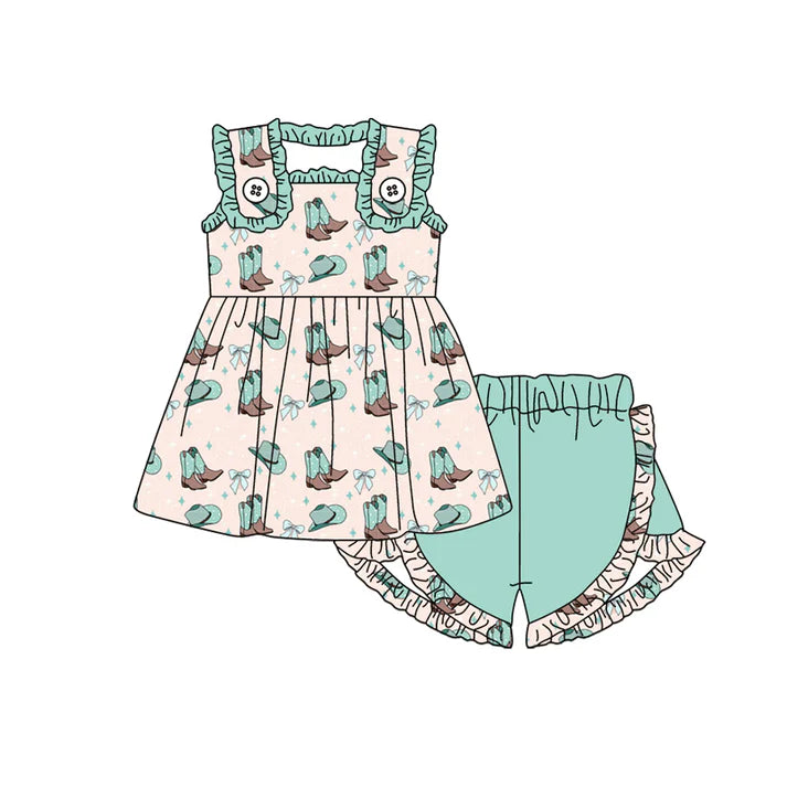 Preorder moq 5 Baby Girls Sleeveless Bows Boots Tunic Aqua Ruffle Short Set 4.19