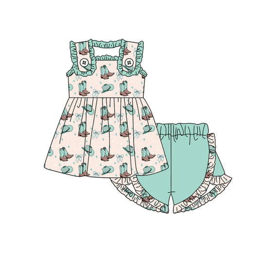 Preorder moq 5 Baby Girls Sleeveless Bows Boots Tunic Aqua Ruffle Short Set 4.19
