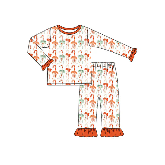 Preorder (moq 5)Baby Girls Long Sleeves Orange Bows Candy Cane Stripe Top Pant Pajamas Sets 6.11