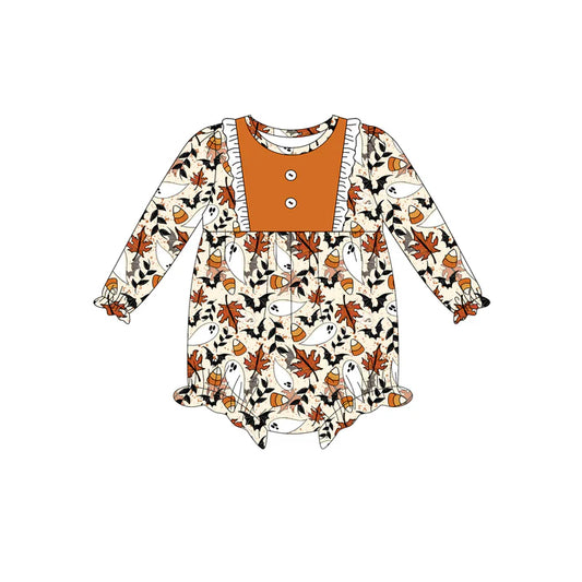 Preorder (moq 5)Baby Girls Long Sleeves Ghost Pumpkins Bats Plaid Button Ruffle Romper 7.3