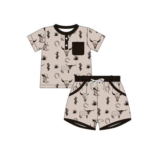 Preorder(moq 5) Baby Boys Cactus Bull Skulls Button Top Pocket Shorts Western Clothes Sets 10.28