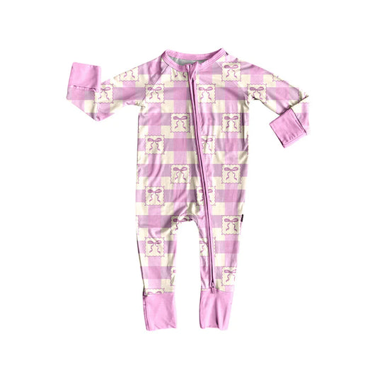 Preorder(moq 5)Baby Infant Pink Checkered Bows Zipper Footie Rompers 8.11