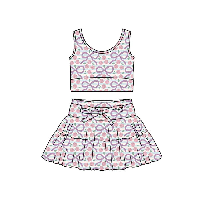Preorder (moq 5)Baby Girls Pink Bow Flowers Stripe Vest Ruffle Skirt Shorts Clothes Sets 12.4