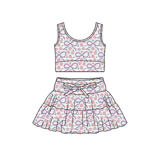 Preorder (moq 5)Baby Girls Pink Bow Flowers Stripe Vest Ruffle Skirt Shorts Clothes Sets 12.4
