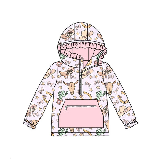 Preorder (moq 8)Baby Girls Pink Bull Skulls Hats Pocket Zipper Ruffle Hoodies Top 9.8