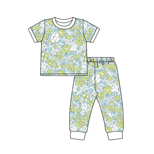 Preorder(moq 5) Baby Girls Short Sleeve Green Flowers Top Pants Pajamas Sets 11.12