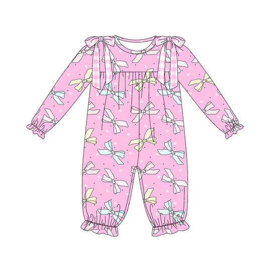Preorder (moq 8)Baby Girls Pink Hearts Bows Valentine Ruffle Footie Rompers 9.23