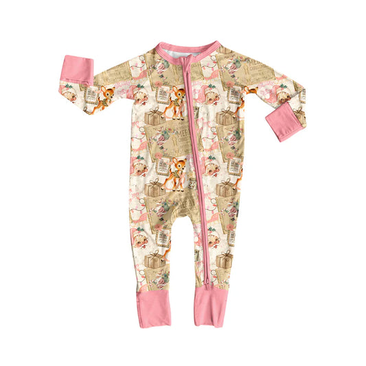 Preorder (moq 5)Baby Girls Long Sleeves Pink Deer Gift Santa Plaid Zipper Romper 7.3