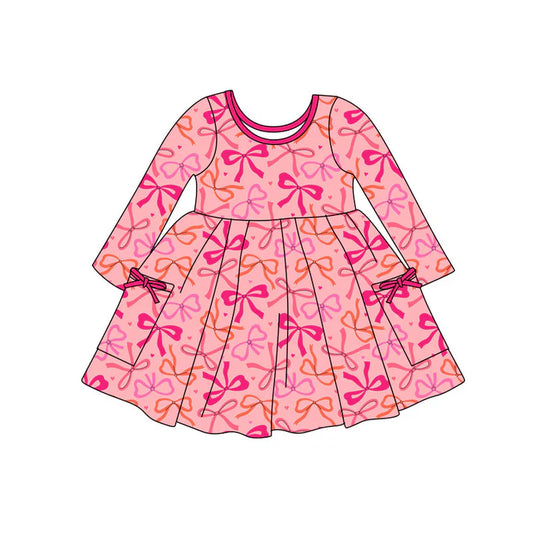 Preorder(moq 5) Baby Girls Pink Bows Hearts Pockets Valentine Knee Length Dresses 11.4