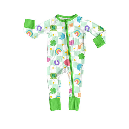 Preorder (moq 5)Baby Girls Green Checked Clovers Stars St Patrick Zipper Footie Rompers 9.4