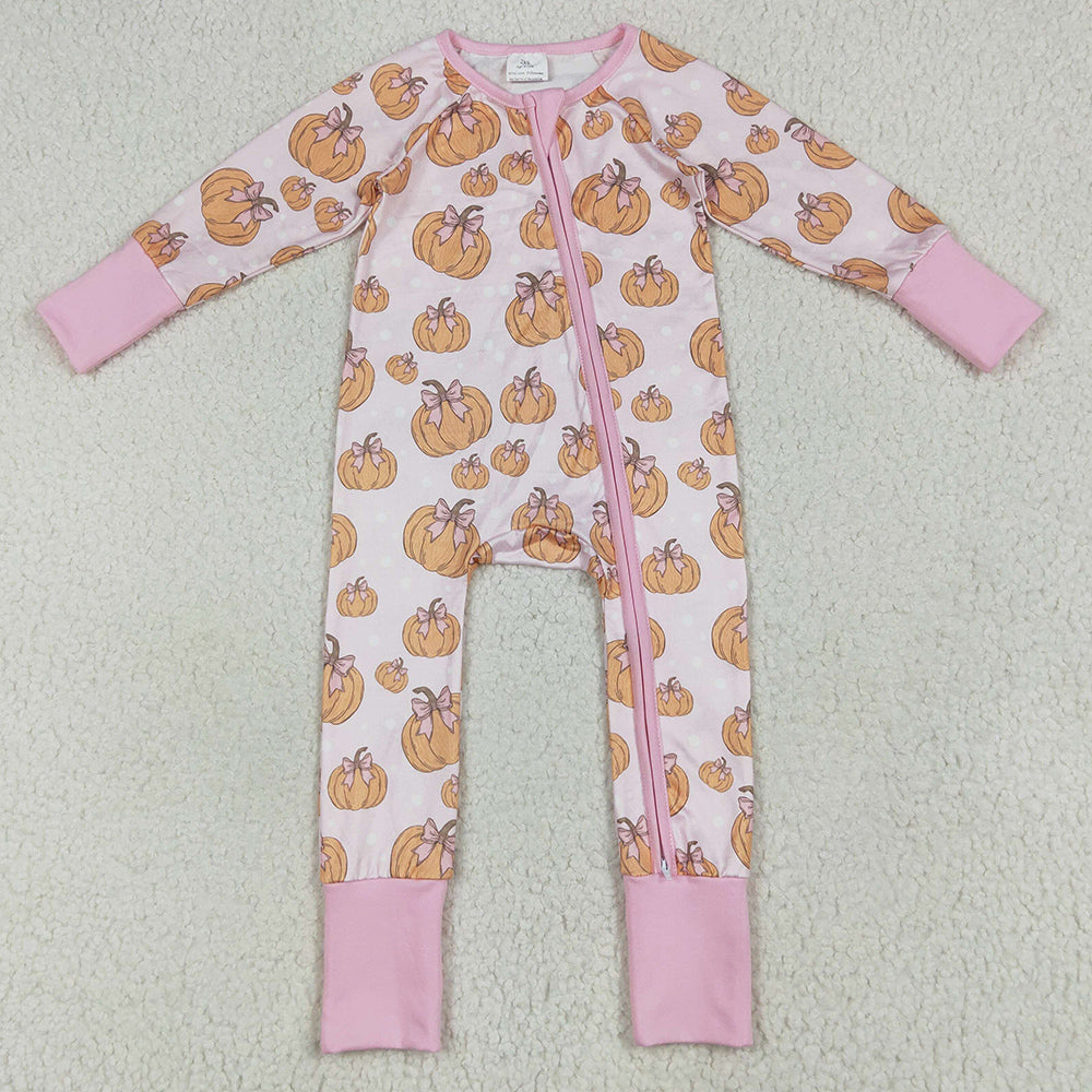 Baby Girls Rompers Long Sleeves Pink Bows Pumpkins Footie Zipper Rompers LR2271 7.9