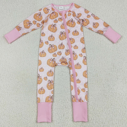 Baby Girls Rompers Long Sleeves Pink Bows Pumpkins Footie Zipper Rompers LR2271 7.9