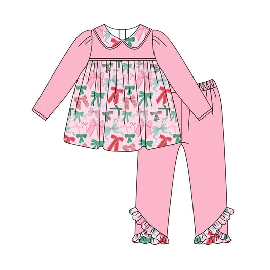 Preorder (moq 5)Baby Girls Pink Long Sleeves Colorful Bows Tunic Legging Ruffle Pant Set 5.27