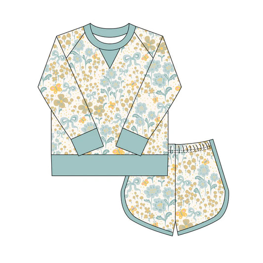Preorder(moq 8)Baby Girls Yellow Blue Butterfly Flowers Long Sleeve Top Shorts Clothes Set 9.27