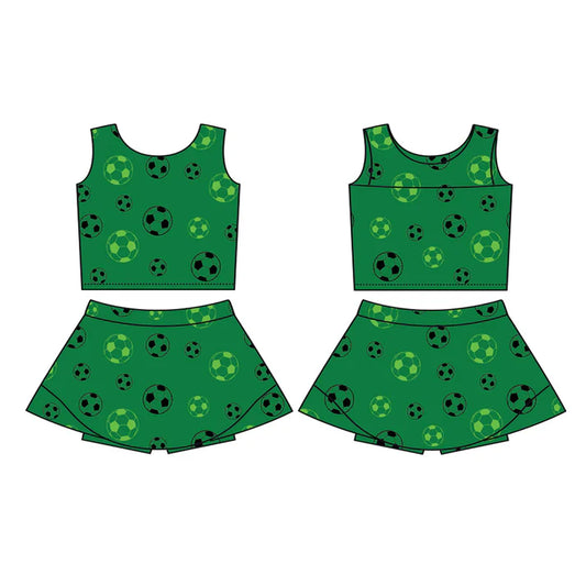 Preorder (moq 5)Baby Girls Dark Green Footballs Vest Top Skirt Shorts Team Clothes Sets 12.1