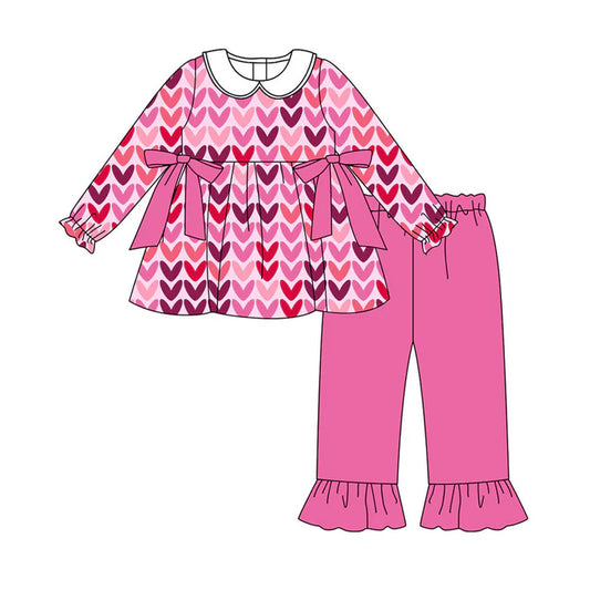 Preorder (moq 8)Baby Girls Pink Hearts Bows Tunic Ruffle Pants Valentine Clothes Sets 9.11