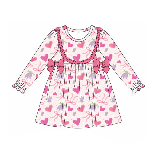 Preorder (moq 5)Baby Girls Long Ruffle Sleeves Pink Hearts Flowers Bows Knee Length Dress 7.28