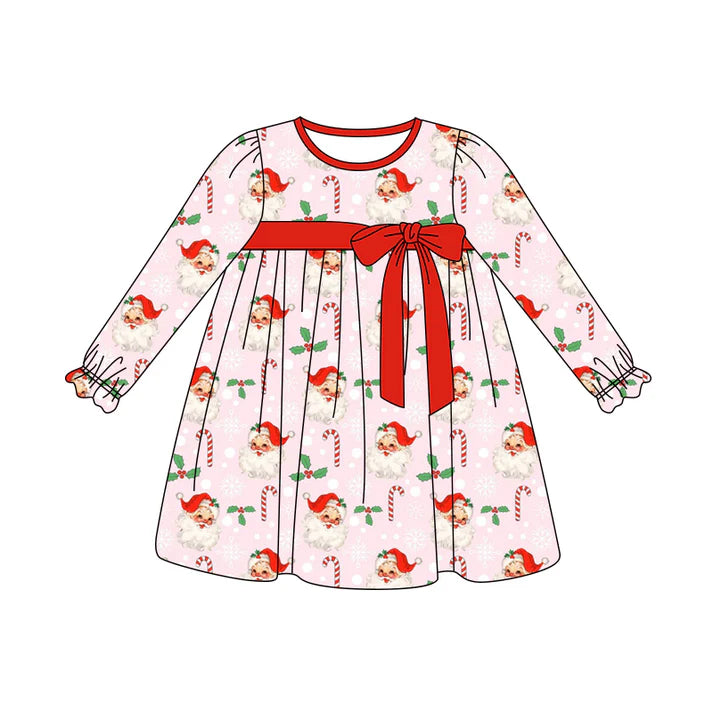 Preorder (moq 5)Baby Girls Pink Long Ruffle Sleeves Santa Candy Cane Knee Length Dresses 5.29