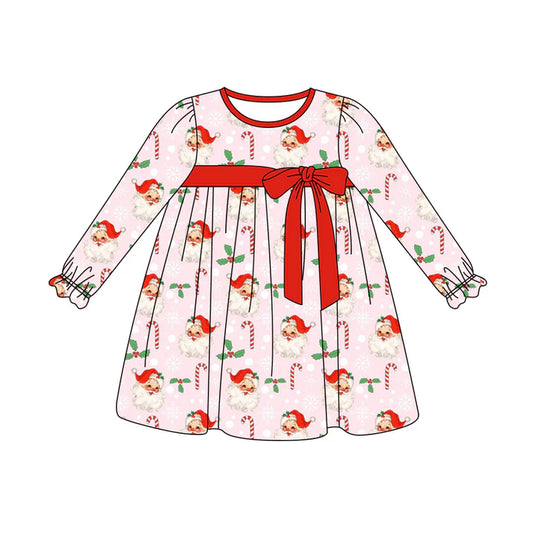 Preorder (moq 5)Baby Girls Pink Long Ruffle Sleeves Santa Candy Cane Knee Length Dresses 5.29