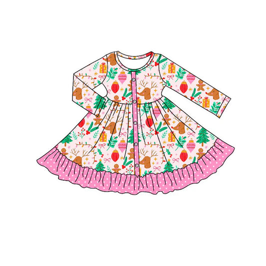 Preorder (moq 8)Baby Girls Gifts Deer Button Christmas Ruffle Knee Length Dresses 9.22