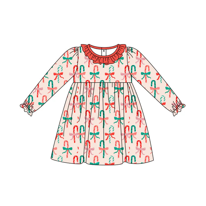 Preorder (moq 5)Baby Girls Christmas Red Candy Cane Ruffle Knee Length Dresses 8.15