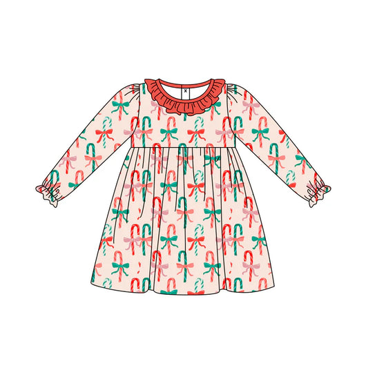 Preorder (moq 5)Baby Girls Christmas Red Candy Cane Ruffle Knee Length Dresses 8.15