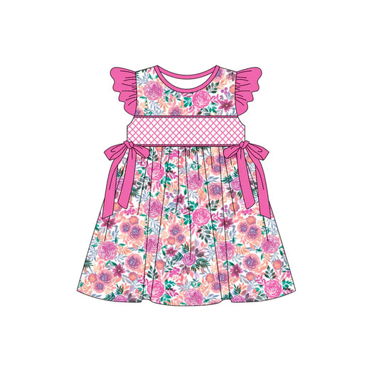 Preorder (moq 5)Baby Girls Hot Pink Flutter Sleeves Floral Bows Knee Length Dress 4.26