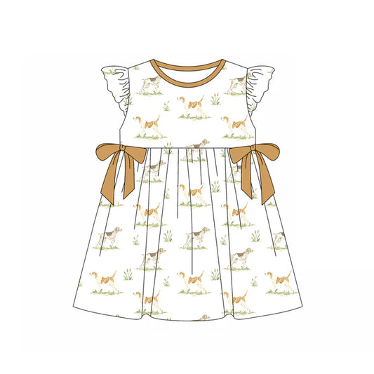 Preorder (moq 5)Baby Girls Flutter Sleeves Dogs Bows Knee Length Dresses 4.23