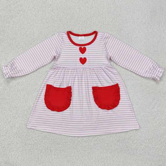 Baby Girls Dress Pink Stripes Heart Pockets Knee Length Dresses GLD0853