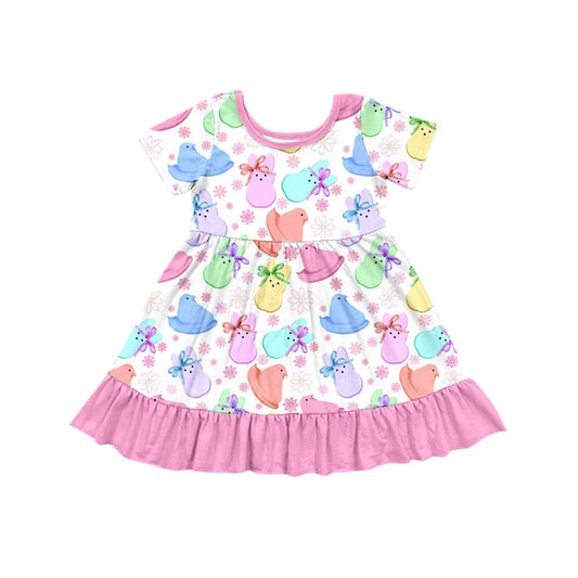 Preorder(moq 8)Baby Girls Colorful Rabbits Chicks Flowers Easter Ruffle Knee Length Dress 10.1