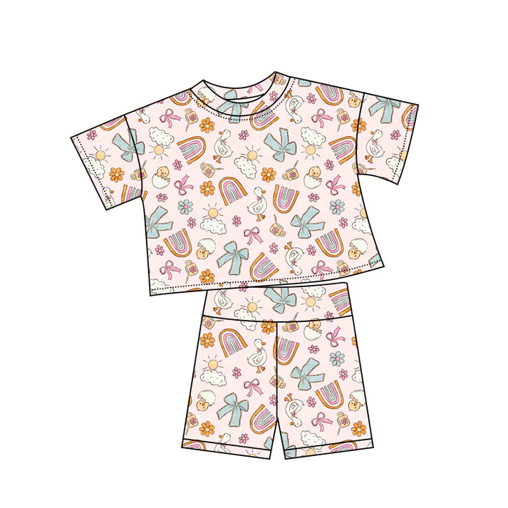 Preorder (moq 5)Baby Girls Gooses Rainbows Bows Top Shorts Clothes Sets 12.6