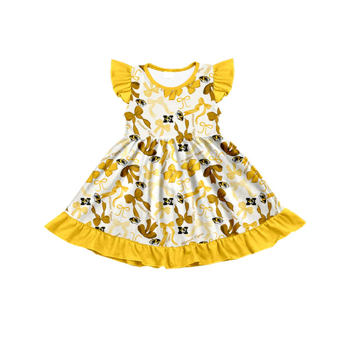 Preorder (moq 5) flutter sleeves M yellow bows girls team dress 8.23