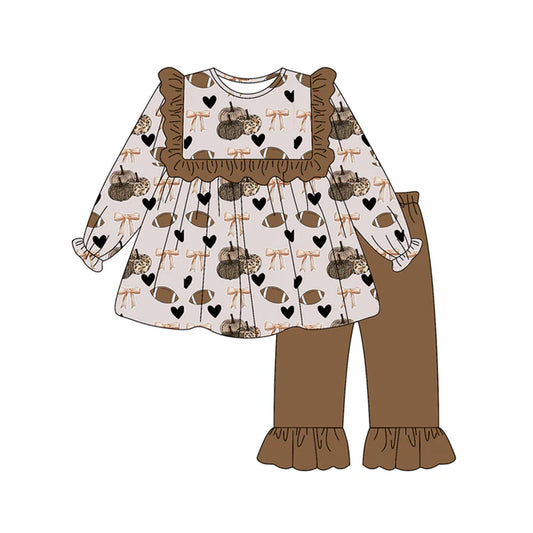Preorder (moq 5)Baby Girls Long Ruffle Sleeves Footballs Bows Pumpkins Tunic Pant Set 6.14