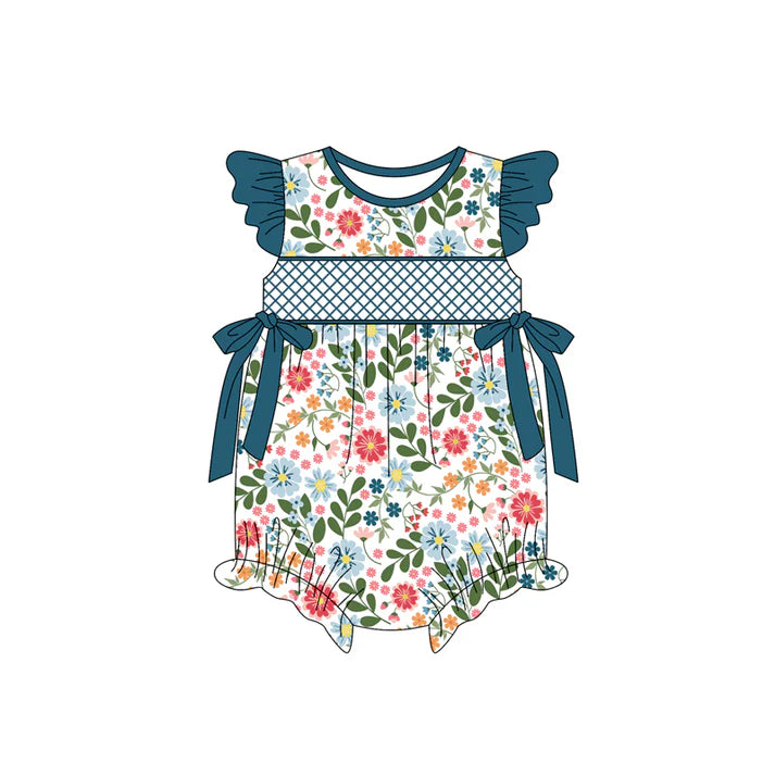 Preorder(moq 5)Baby Infant Girls Navy Flutter Sleeves Bows Floral Ruffle Rompers 5.15