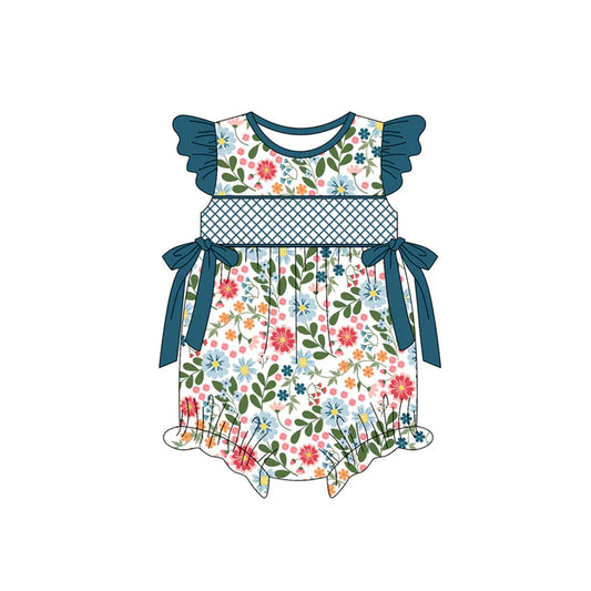 Preorder(moq 5)Baby Infant Girls Navy Flutter Sleeves Bows Floral Ruffle Rompers 5.15