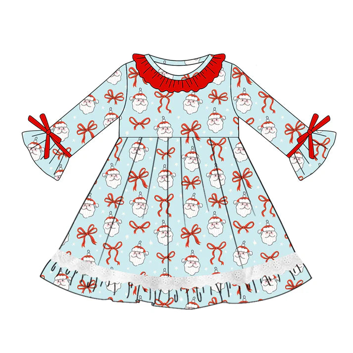 Preorder (moq 5)Baby Girls Blue Long Ruffle Sleeves Bows Santa Lace Knee Length Dresses 5.20