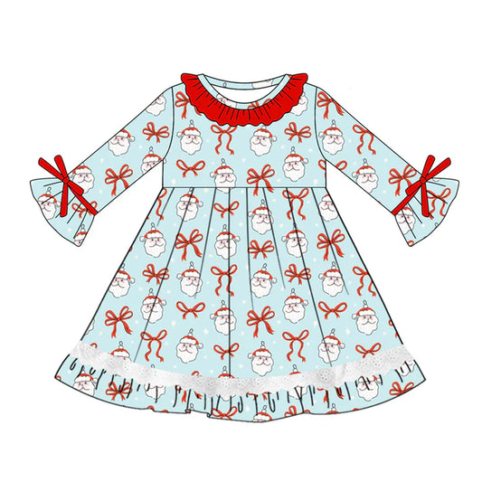 Preorder (moq 5)Baby Girls Blue Long Ruffle Sleeves Bows Santa Lace Knee Length Dresses 5.20