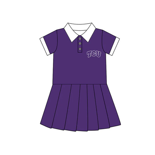 Preorder (moq 5)Baby Girls Purple Short Sleeves Button TCU Team Shorts Knee Length Dresses 7.10