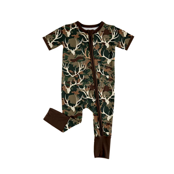 Preorder (moq 5)Baby Boys Short Sleeves Dark Brown Deer Camo Zipper Rompers 5.17