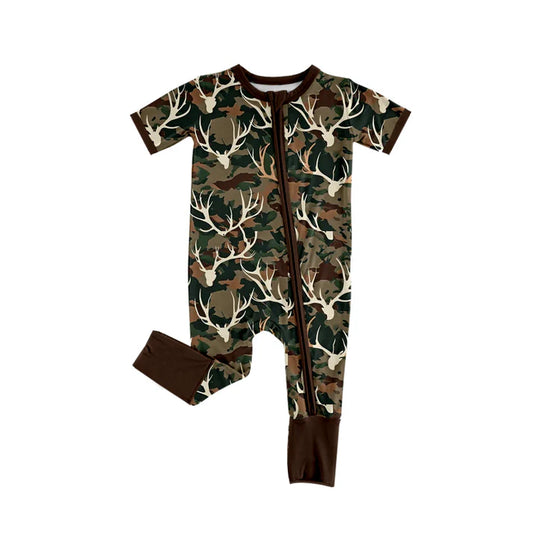 Preorder (moq 5)Baby Boys Short Sleeves Dark Brown Deer Camo Zipper Rompers 5.17