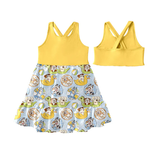 Preorder (moq 5)Baby Girls Yellow Sleeveless Colorful Dogs Patchwork Knee Length Dress 4.25