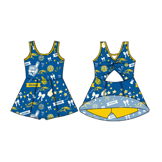 Preorder (moq 5)Baby Girls Sleeveless Blue Mustangs Football Team Shorts Dresses 7.11