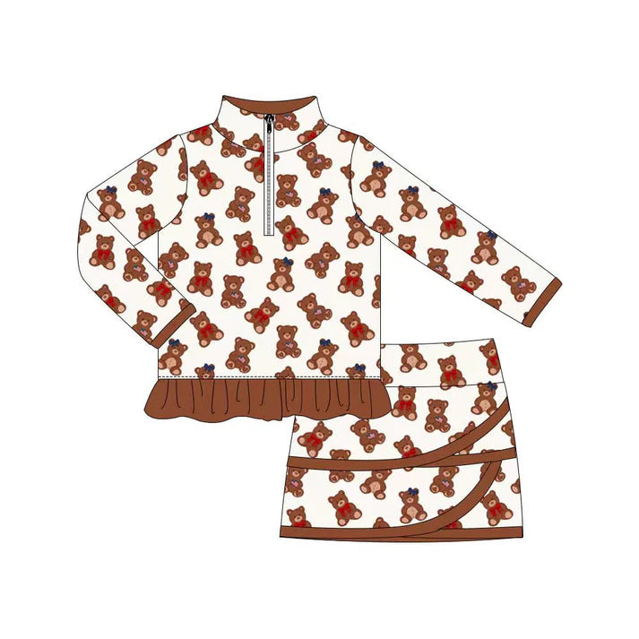 Preorder (moq 5)Baby Girls Bows Bears Zipper Ruffle Pullover Top Skirt Shorts Clothes Sets 1.7