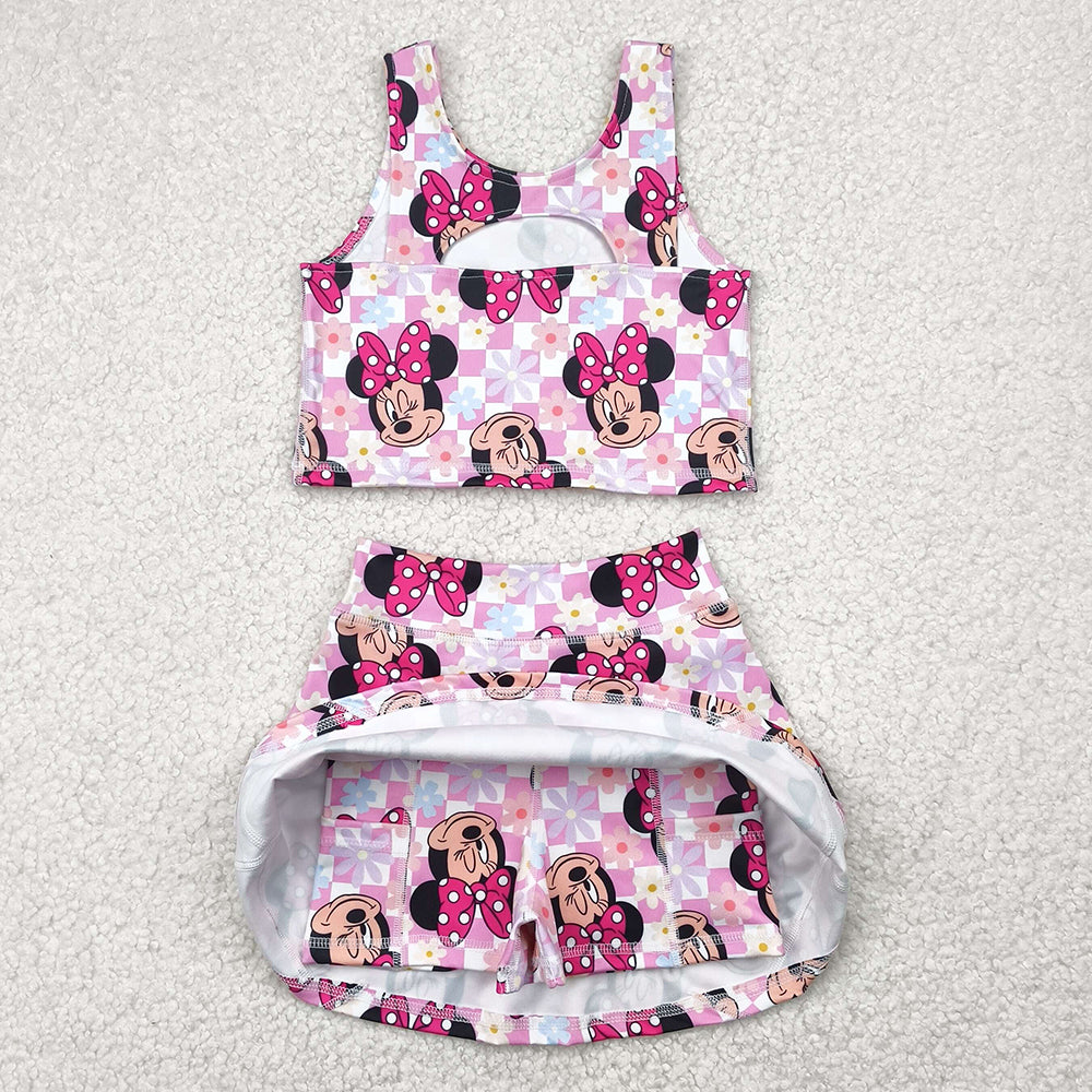 Baby Girls Clothes Sleeveless Pink Plaid Cartoon Top Skort Yoga Set GSD2460 4.29