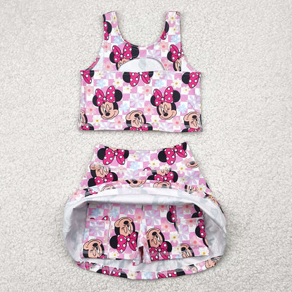 Baby Girls Clothes Sleeveless Pink Plaid Cartoon Top Skort Yoga Set GSD2460 4.29