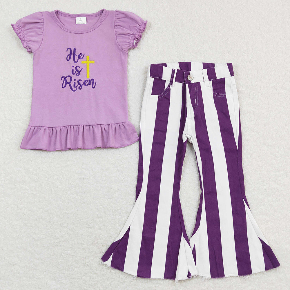 Baby Girls Clothes He Is Risen Shirts Denim Stripes Flare Pants Sets GSPO1135