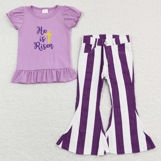 Baby Girls Clothes He Is Risen Shirts Denim Stripes Flare Pants Sets GSPO1135