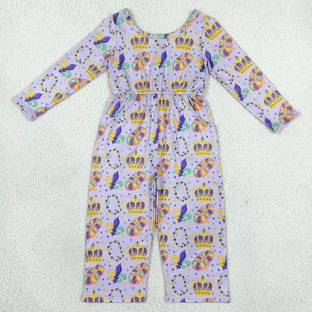 Baby Girls Long Sleeve Mardigras Crowns Donuts Anchors Pockets Pant Jumpsuits LR3339