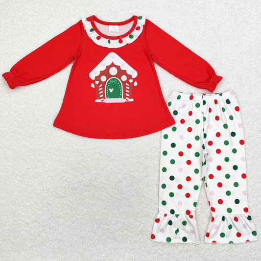 Baby Girls Clothes Christmas House Red Tunic Tops Dots Pants Sets GLP1643