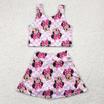 Baby Girls Clothes Sleeveless Pink Plaid Cartoon Top Skort Yoga Set GSD2460 4.29